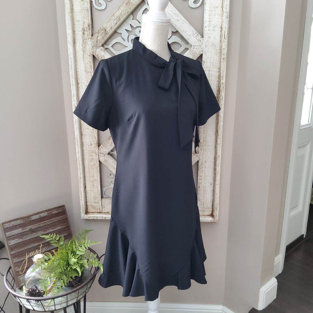 New CeCe Women's Short Sleeve Bow Neck Flounce Ruffle Hem Midi Dress in Black